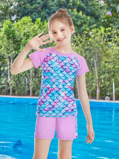 2pcs Girls Kids Short Sleeve Mermaid Scale Tops Boyleg Shorts Swimwear Beach Bathing Suit