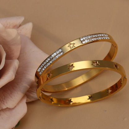 18K Gold Plated Stainless Steel Hollow Star Zircon Bracelet Bangle