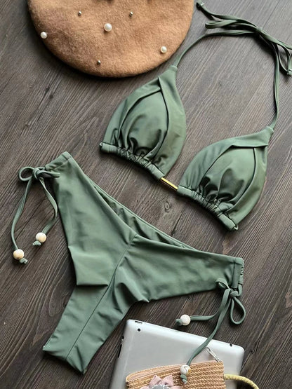 Solid Color Bikini Swimsuit Hanging Neck Rope Split Swimsuit 2-piece Beachwear Suit