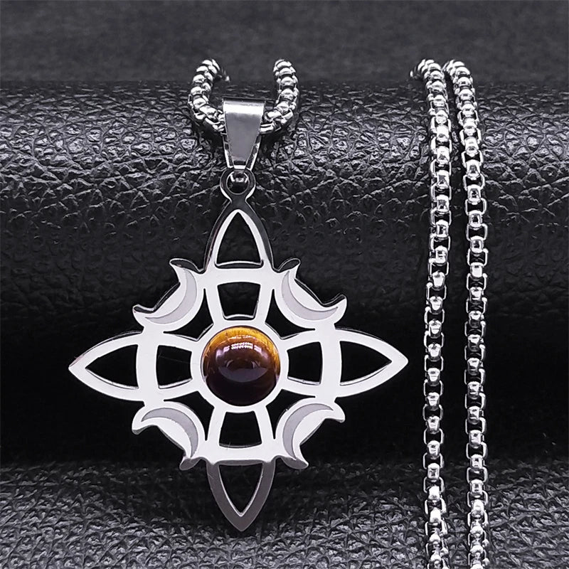 Stainless Steel Natural Stone Witch Amulet Wicca Celtic Knot Triple Moon Goddess Necklace
