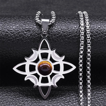 Stainless Steel Natural Stone Witch Amulet Wicca Celtic Knot Triple Moon Goddess Necklace
