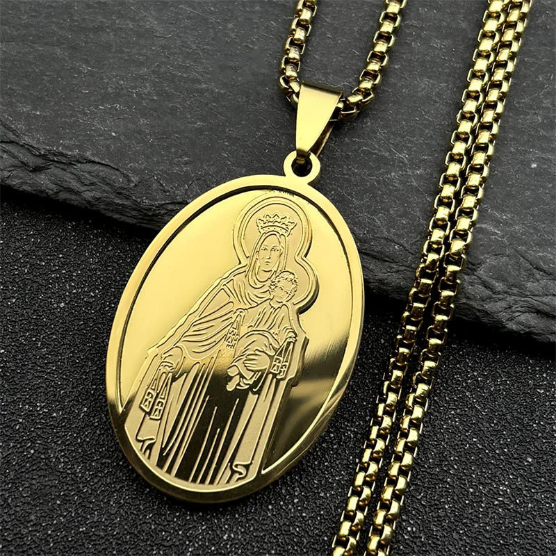 Men Stainless Steel Hip Hop Virgin Mary Medal Our Lady of Guadalupe Pendant Necklace