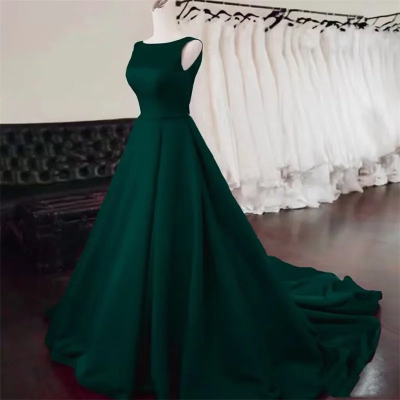 Women's Scoop Neck Sweep Train Prom Backless A-line Satin Long Formal Evening Party Dress w/ Pockets