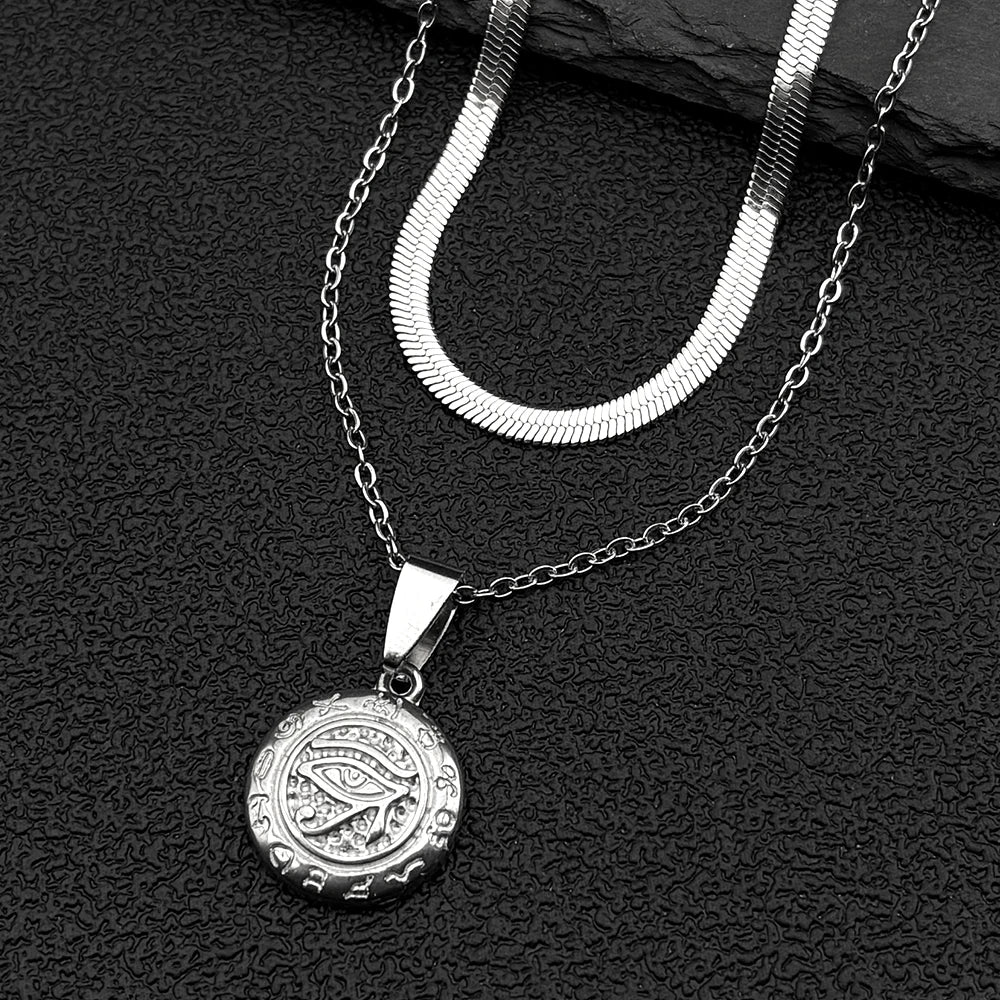 Women Men Gold Color Eye of Ra Horus Symbol Stainless Steel Egyptian Eyes Hieroglyph Chain Pendant Necklace