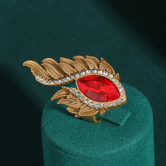 Vintage Big Dubai 18k Gold Color Red Horse Eye Crystal Flame Designer Antique Ring