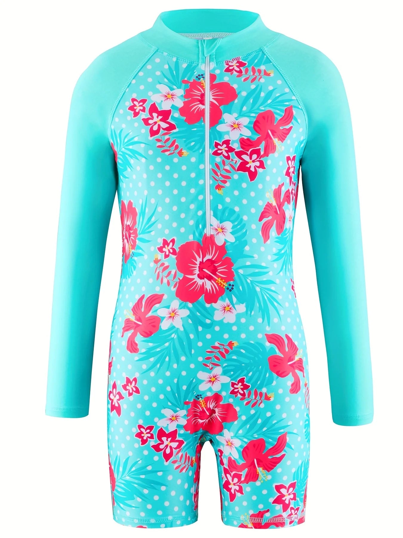 Girls Kids One-Piece Long Sleeve Floral Print Green Color Beach Boyleg Shorts Swimsuit