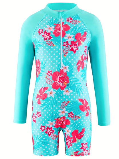 Girls Kids One-Piece Long Sleeve Floral Print Green Color Beach Boyleg Shorts Swimsuit