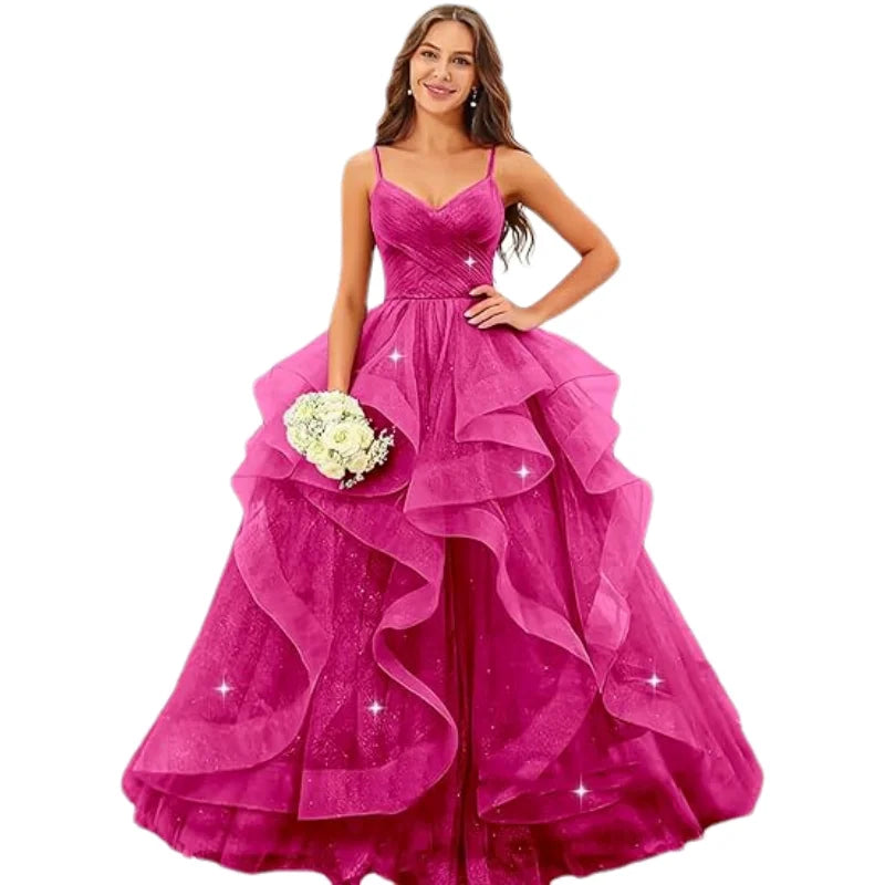 Sparkly Tulle Long Prom Spaghetti Straps Ball Glitter Tulle A-line Formal Evening Party Gown Dress