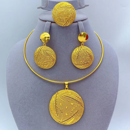 African Dubai 24k Gold Plated Women Ethiopian Indian Bridal Round Necklace Earrings Jewelry Set