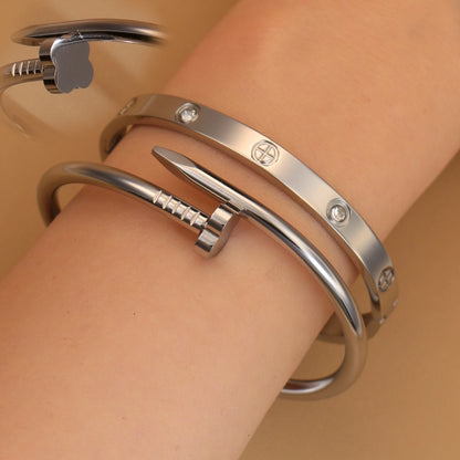 Women Heart Shaped Zircon Stainless Steel Gold Color 2-in-1 Bangles Bracelet Jewelry