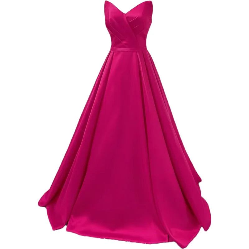 Women Strapless Simple Satin A Line Evening Party Formal Gown Corset Pleat Sweetheart Long Prom Dress w/Pocket