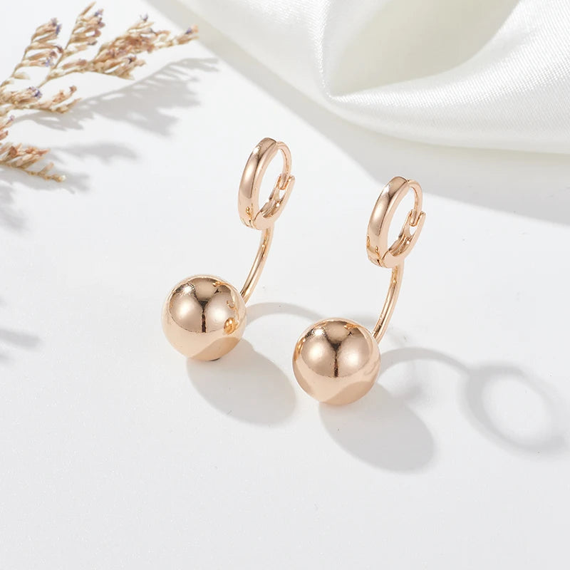 Women 585 Gold Color Ball Shape Glossy Trendy Design Wedding Dangle Earrings