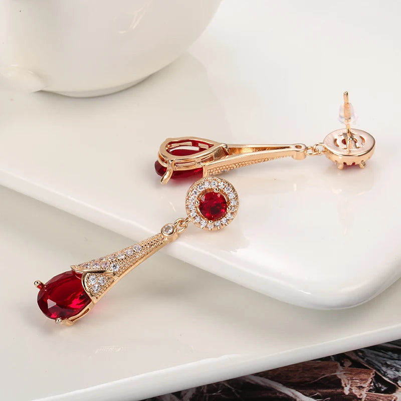 Women Brdial 585 Golden Ruby/Emerald Water Drop Natural Zircon Wedding Dangle Earrings