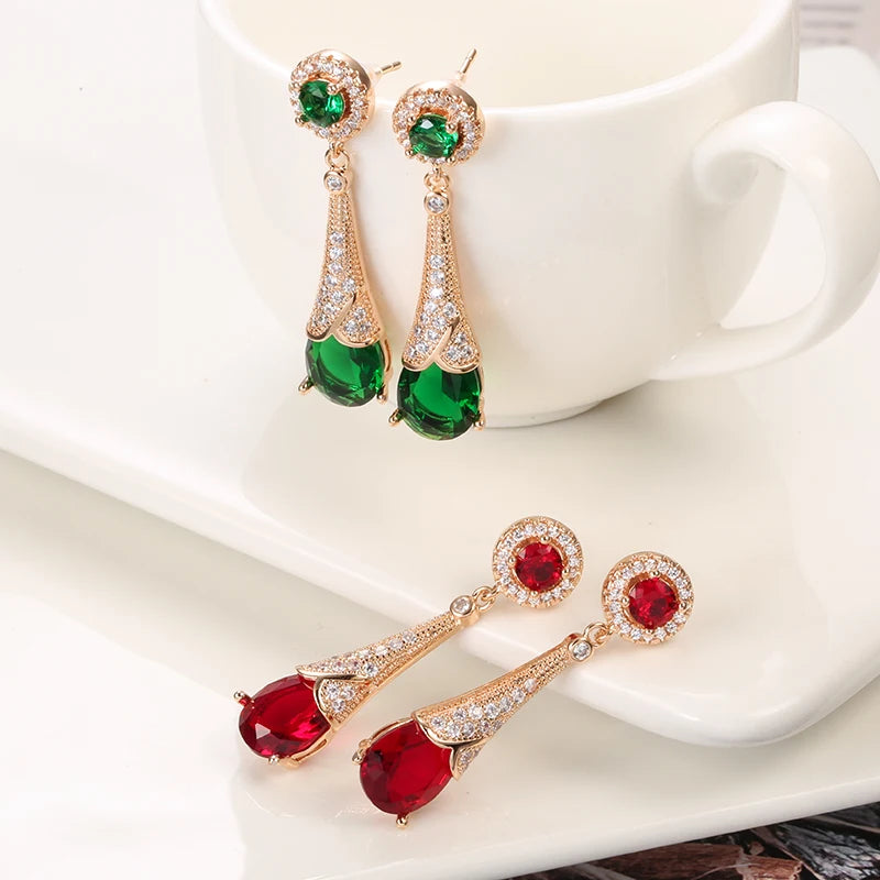 Women Brdial 585 Golden Ruby/Emerald Water Drop Natural Zircon Wedding Dangle Earrings