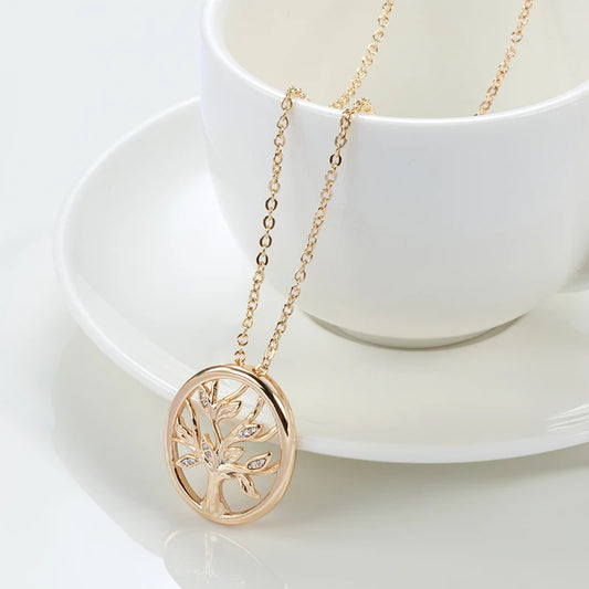 Women Fashion 585 Rose Gold Color Tree of Life Shining Leaf Natural Zircon Pendant Necklaces