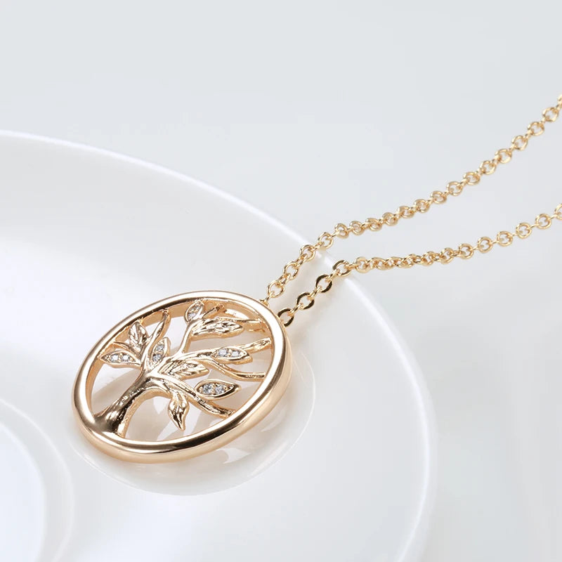 Women Fashion 585 Rose Gold Color Tree of Life Shining Leaf Natural Zircon Pendant Necklaces