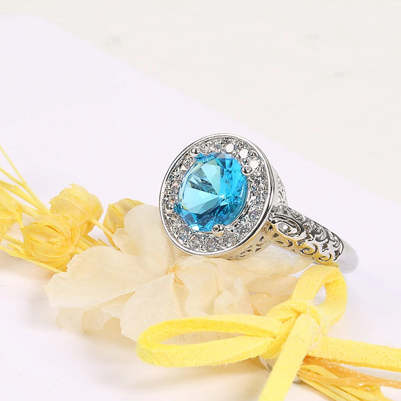 Women Vintage Big Size Natural Blue Zircon 585 Gold Color Wedding Party Rings