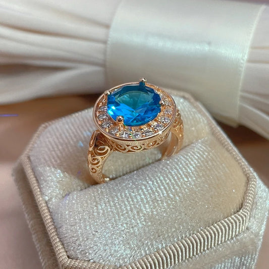Women Vintage Big Size Natural Blue Zircon 585 Gold Color Wedding Party Rings