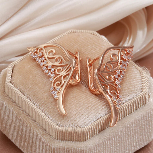 Women Butterfly Wings 585 Gold Color White Natural Zircon Fashion Earrings