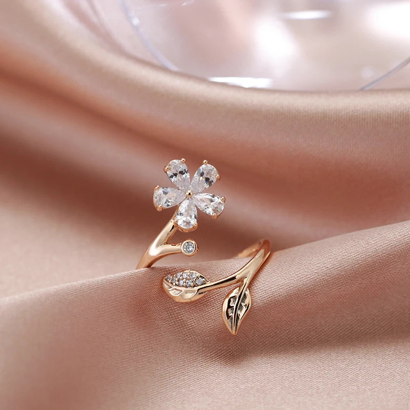 Women Crystal Flower 585 Gold Color Retro Natural Zircon Fashion Wedding Rings