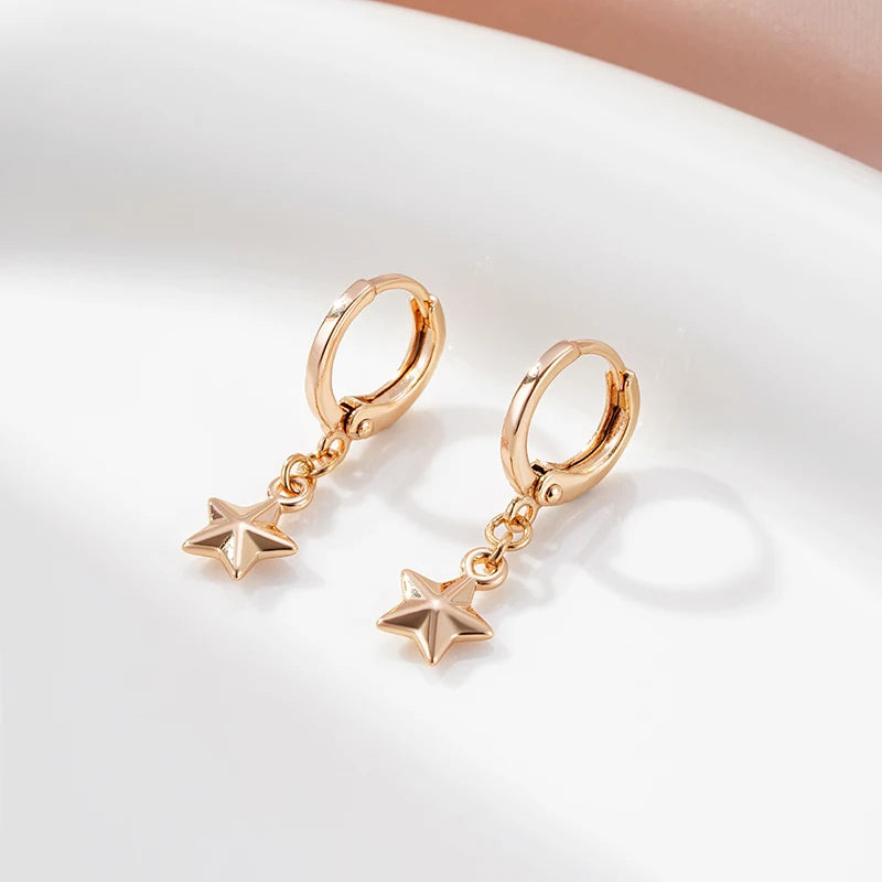 Women Cute Five-pointed Star Dangle 585 Gold Color Wedding Earrings