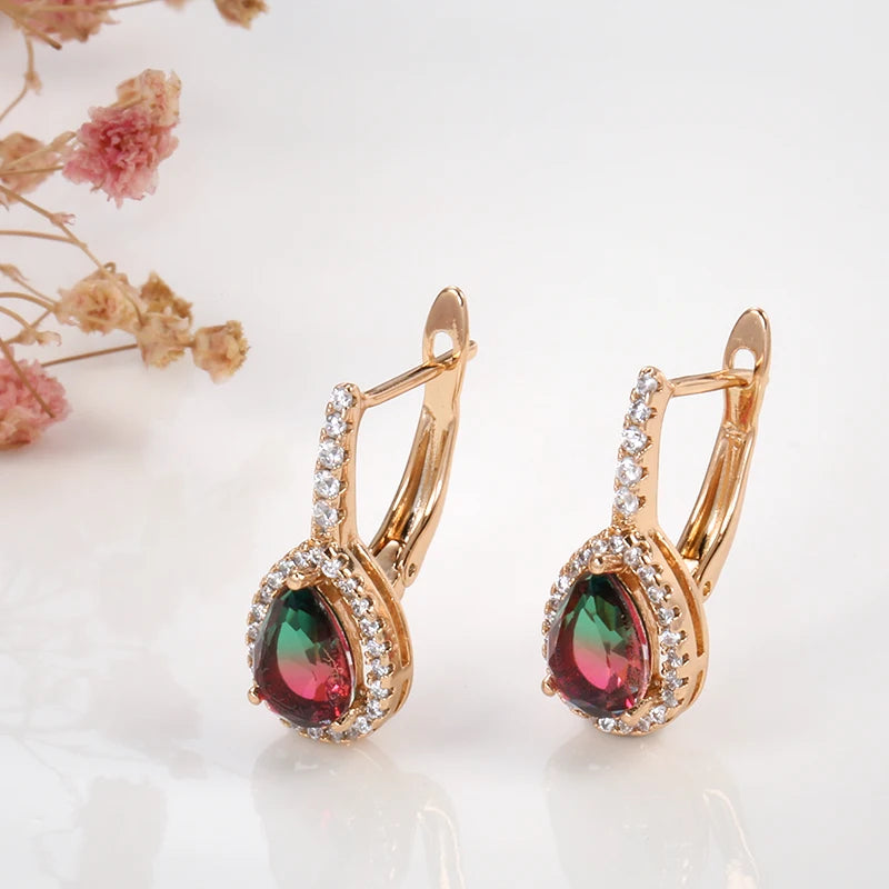 Women Fashion Colorful Stone Romantic 585 Rose Gold Water Drop Bride Wedding Earrings
