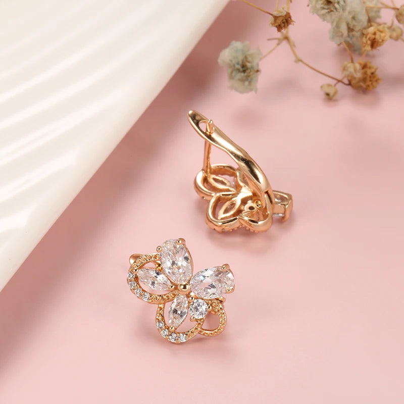 Women Fashion Crystal Flower 585 Rose Gold Natural Zircon Micro Wax Inlaid  Earrings
