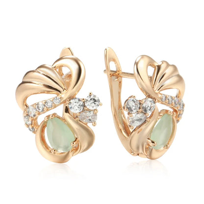 Women Green Emerald Natural Zircon Flower 585 Roe Gold Color Wedding Bridal Earrings