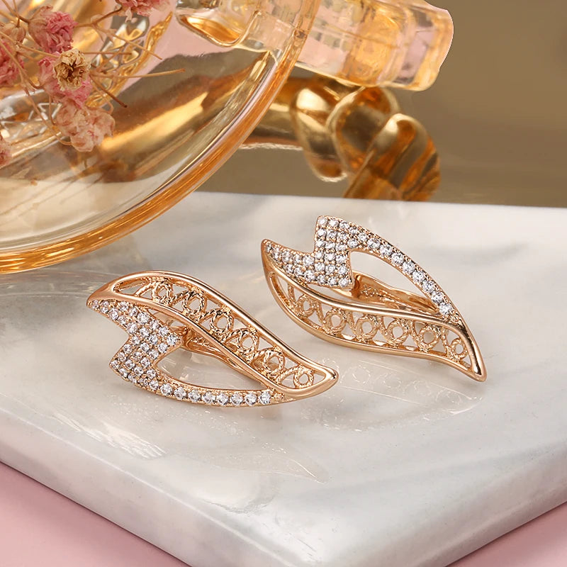 Women Luxury 585 Gold Color Cubic Zirconia Full Paved Bride Wedding Wing Vintage Earrings