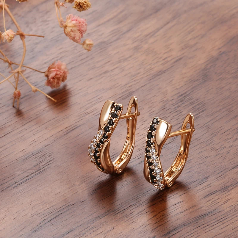 Women Black Natural Zircon Bride Wedding 585 Rose Gold Color Earrings Ring Sets Set