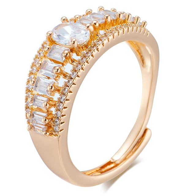 Women Luxury Natural Zirconia Full Pave 585 Gold Color Proposal Adjustable Rings