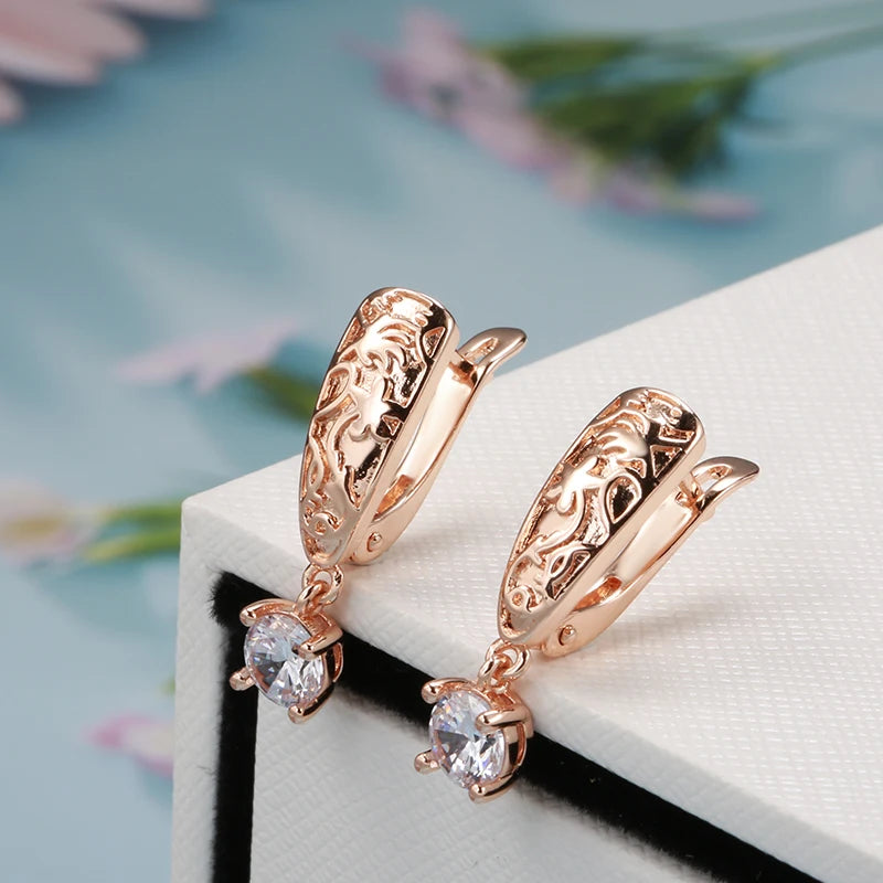 Women Fashion Vintage Bridal Wedding Natural Zircon 585 Rose Gold Color Water Drop Earrings