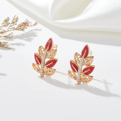 Women Fashion Red Fall Natural Zircon Wax Inlaid 585 Rose Gold Color Earrings