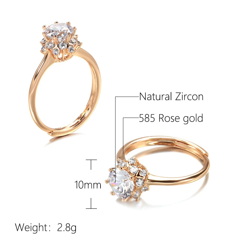 Women Sparking Crystal Flower Bride Wedding 585 Rose Gold Natural Zircon Rings