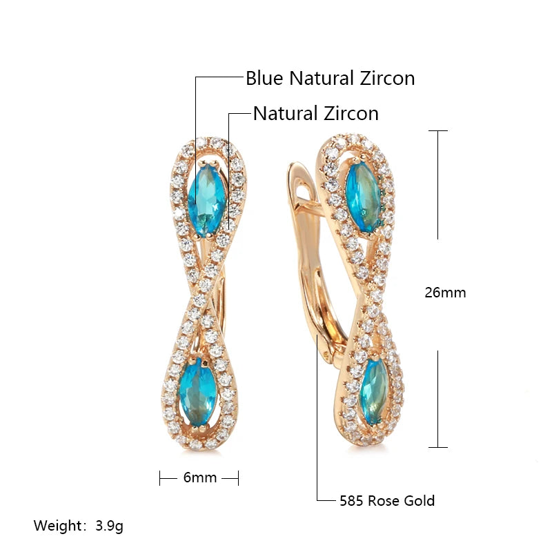 Women Sky Blue Natural Zircon Long 585 Rose Gold Color Vintage Bride Wedding Earrings
