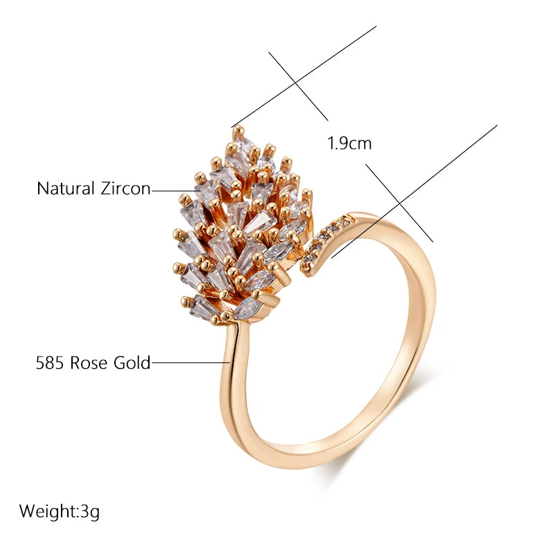Women Fashion Sparking Natural Zircon Full Paved Adjustable Leaf Shape 585 Rose Gold Color Open-ended Rings