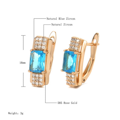 Women Square Sky Blue Natural Zircon Stud Earrings 585 Rose Gold Bride Wedding Crystal Earrings