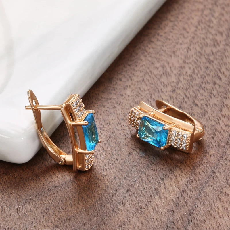 Women Square Sky Blue Natural Zircon Stud Earrings 585 Rose Gold Bride Wedding Crystal Earrings