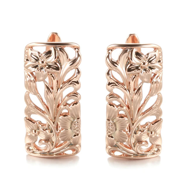 Women Vintage Square 585 Rose Gold Color Earrings Hollow Floral Sculpture Classic Wedding Earrings