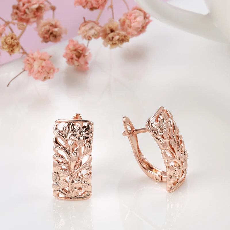 Women Vintage Square 585 Rose Gold Color Earrings Hollow Floral Sculpture Classic Wedding Earrings