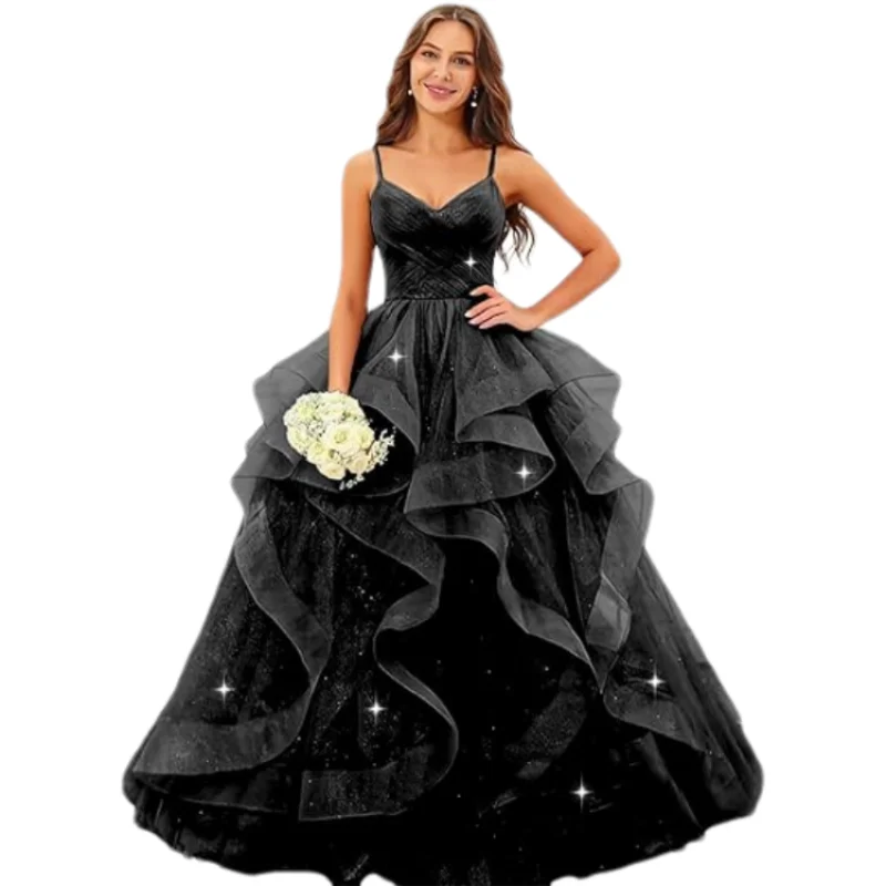 Sparkly Tulle Long Prom Spaghetti Straps Ball Glitter Tulle A-line Formal Evening Party Gown Dress