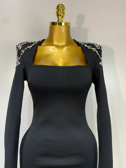 Sexy Diamond Tight Long Sleeve Square Neck Bandage Wedding Evening Formal Dress Gowns