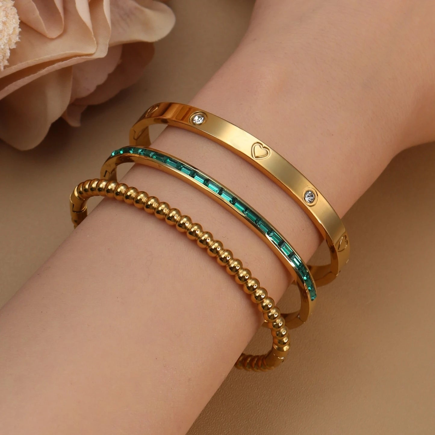 Women 18k Gold Plated Stainless Steel Green Zircon Bangles Bracelet Set Gift.