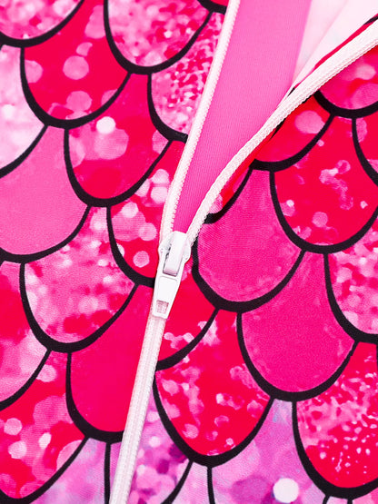 Kids Girls One-Piece Long Sleeve Scale Print Beach Rose Pink Bikini-Cut Bottom Swimwear