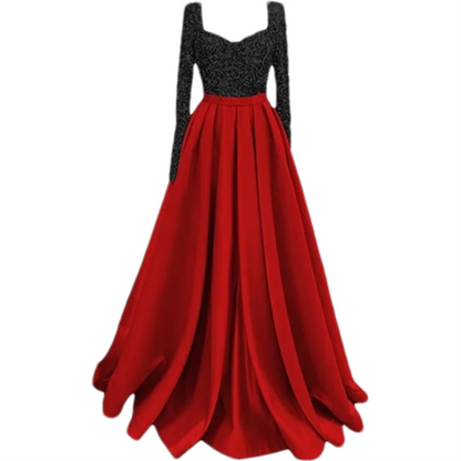 Long Sleeve Sequin Prom Long Satin Women Formal A-Line Evening Party Ball Gown Dress w/ Pockets