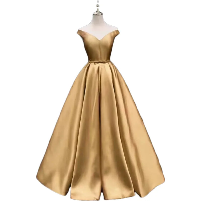 Off-Shoulder A-Line Satin Formal Women Prom Long Evening Party Gown Dress w/ Pockets