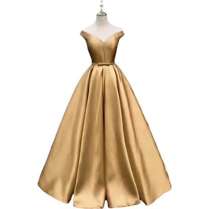 Off-Shoulder A-Line Satin Formal Women Prom Long Evening Party Gown Dress w/ Pockets