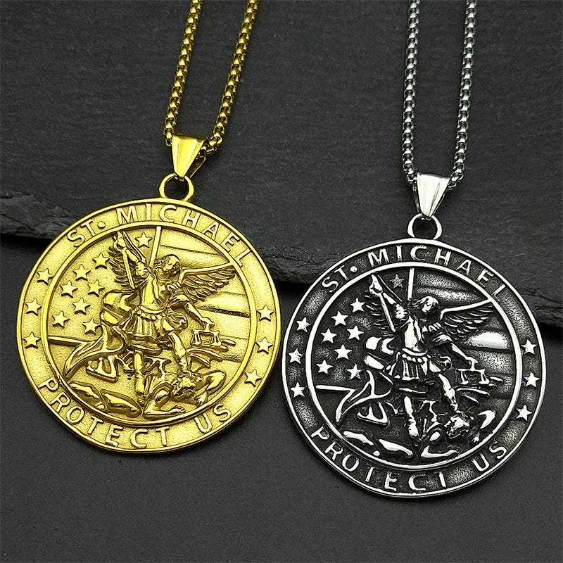 Women Men Stainless Steel Christian Saint Michael Archangel Protect Us Medal Chain Pendant Necklace