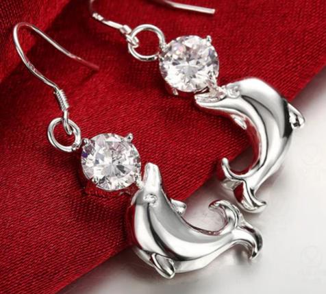 925 Sterling Silver Dolphin Zircon Women Wedding Engagement Party Drops Earrings
