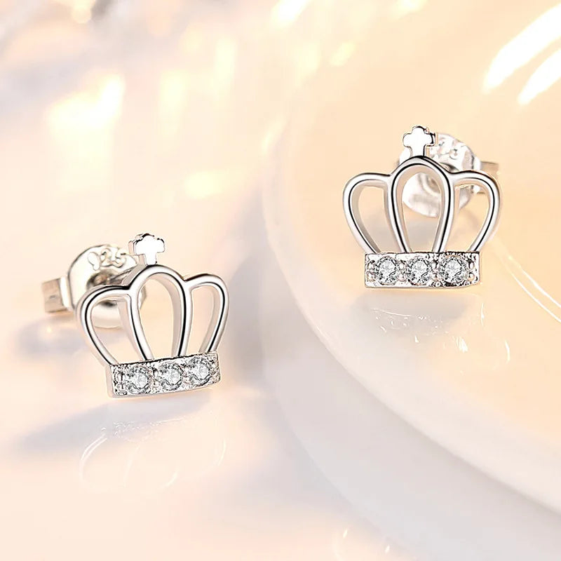 Solid 925 Sterling Silver Bridal Wedding Crystal Zircon Crown Stud Earrings